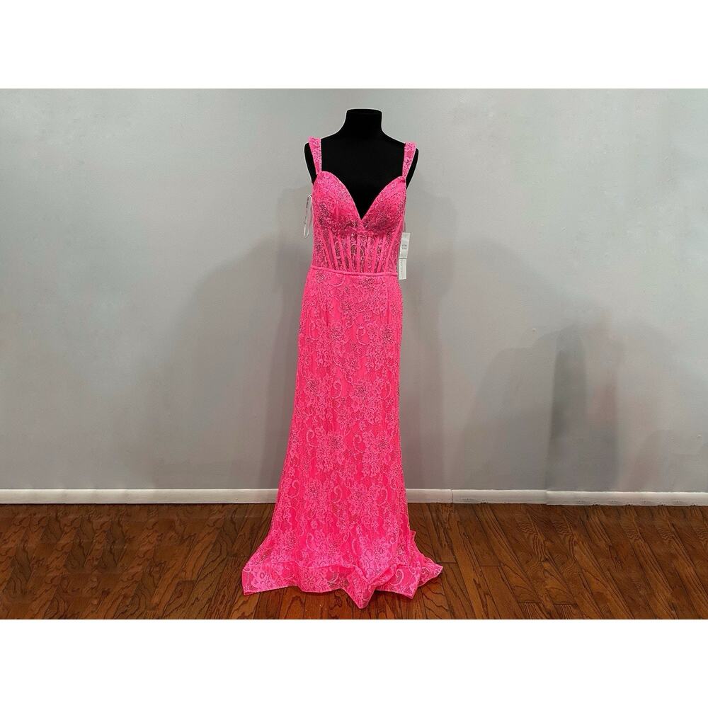 Sherri Hill 56033 Corset Back Off the Shoulder Gown Bright Pink Sz 12 NWOT